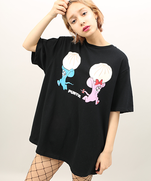 PUNYUS（プニュズ）の「マウスカップルT（Tシャツ/カットソー・レディース・ブラック/ホワイト/杢グレー・3/4）」の2枚目の写真