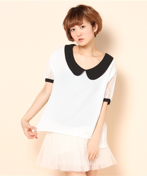 mystic（ミスティック）の「袖レース切替BL（シャツ/ブラウス・レディース・オフホワイト/アイボリー/ピンク/ブラック・ﾌﾘ-）」の2枚目の写真