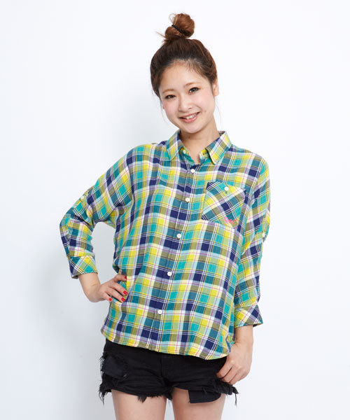 X-girl（エックスガール）の「NEON-LINE PLAID SHIRT（シャツ/ブラウス・レディース・レッド/グリーン/ブルー・1/2）」の2枚目の写真