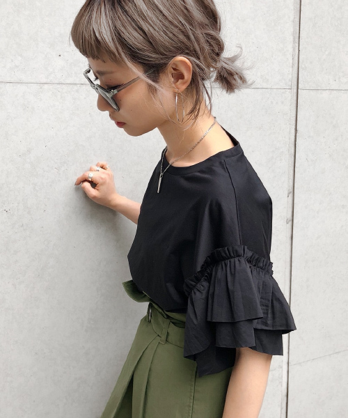 PAGEBOY(ページボーイ)の「シルケット袖フリルプルオーバー(Tシャツ/カットソー・レディース・ブラック/ベージュ/オフホワイト/カーキ/レッド・FREE)」の9枚目の写真