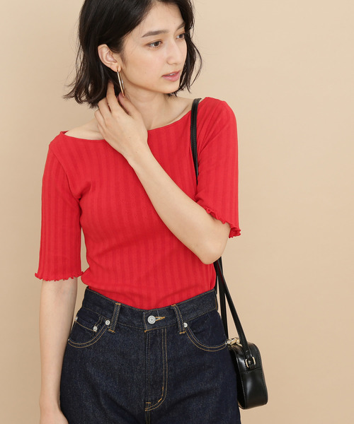 ADAM ET ROPE'（アダムエロペ）の「ONOメリヤス  ボートネックRIB 5分袖プルオーバー（Tシャツ/カットソー・レディース・チャコールグレー/ベージュ/レッド/オフホワイト・FREE）」の4枚目の写真