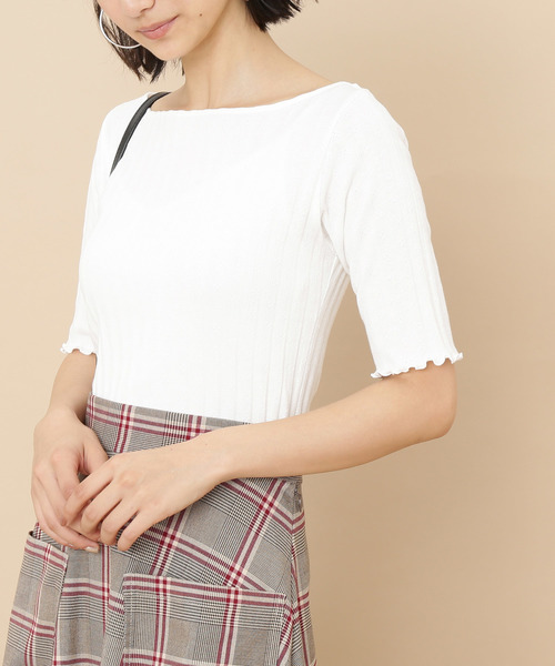 ADAM ET ROPE'（アダムエロペ）の「ONOメリヤス  ボートネックRIB 5分袖プルオーバー（Tシャツ/カットソー・レディース・チャコールグレー/ベージュ/レッド/オフホワイト・FREE）」の2枚目の写真