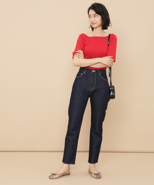 ADAM ET ROPE'（アダムエロペ）の「ONOメリヤス  ボートネックRIB 5分袖プルオーバー（Tシャツ/カットソー・レディース・チャコールグレー/ベージュ/レッド/オフホワイト・FREE）」の8枚目の写真