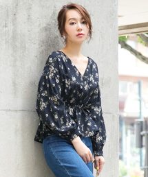 ヴィンテージフラワー柄カシュクールウエストシャーリングブラウス