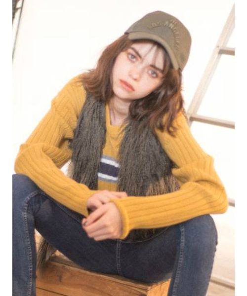 GYDA(ジェイダ)の「ラインショートニット TOPS(ニット/セーター・レディース・イエロー/ブラック/ネイビー・FREE)」の1枚目の写真