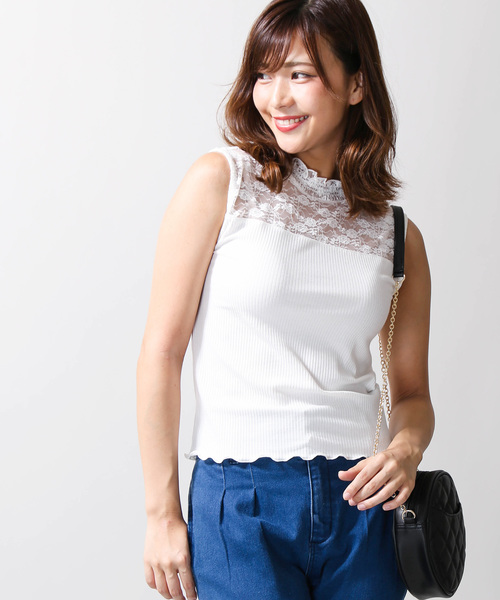 WEGO(ウィゴー)の「WEGO/レースハイネックリブノースリーブTシャツ(タンクトップ・レディース・ワイン/ホワイト/ブラック・FREE)」の2枚目の写真