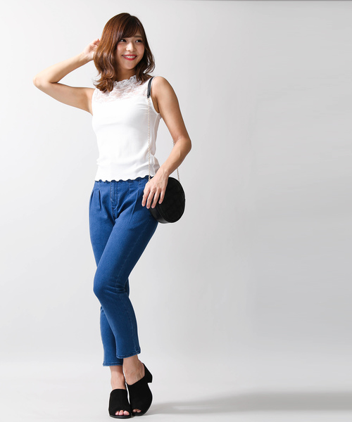 WEGO(ウィゴー)の「WEGO/レースハイネックリブノースリーブTシャツ(タンクトップ・レディース・ワイン/ホワイト/ブラック・FREE)」の4枚目の写真