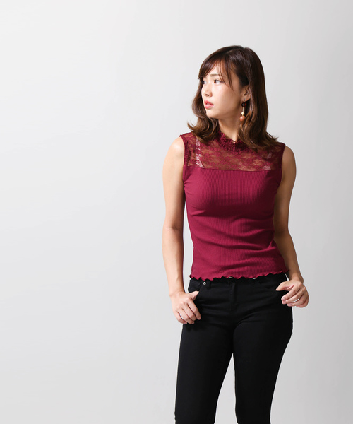 WEGO(ウィゴー)の「WEGO/レースハイネックリブノースリーブTシャツ(タンクトップ・レディース・ワイン/ホワイト/ブラック・FREE)」の7枚目の写真