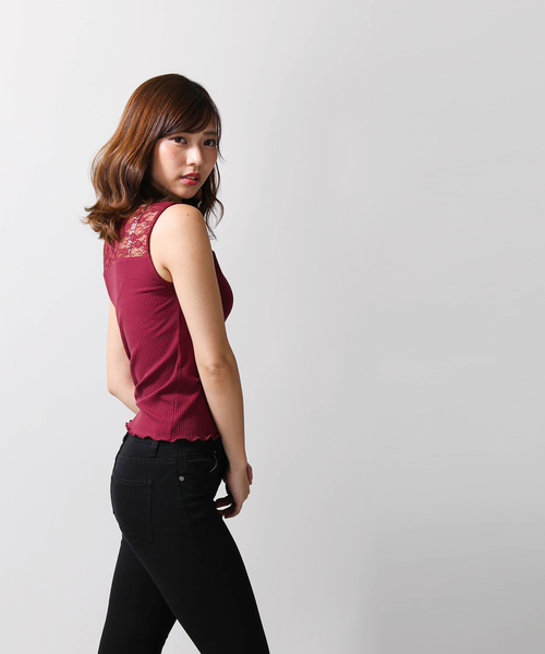 WEGO(ウィゴー)の「WEGO/レースハイネックリブノースリーブTシャツ(タンクトップ・レディース・ワイン/ホワイト/ブラック・FREE)」の8枚目の写真