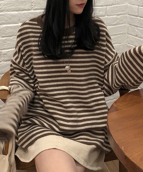 c.u.l(シーユーエル)の「【c.u.l】【2019AW】クルーネック ボーダー ビッグシルエット ニット chw843(ニット/セーター・レディース・ブラック/ベージュ/ブラウン/グレー・FREE)」の11枚目の写真