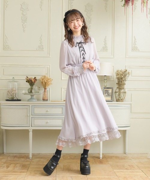 セール】レースアップロングシフォンワンピース（ワンピース