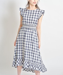 tocco closet | フリル付きウエストシャーリングパール装飾バックリボンギンガムチェックワンピース(ワンピース)