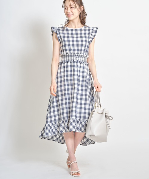フリル付きウエストシャーリングパール装飾バックリボンギンガムチェックワンピース tocco closet（トッコ クローゼット）の「フリル付きウエスト
