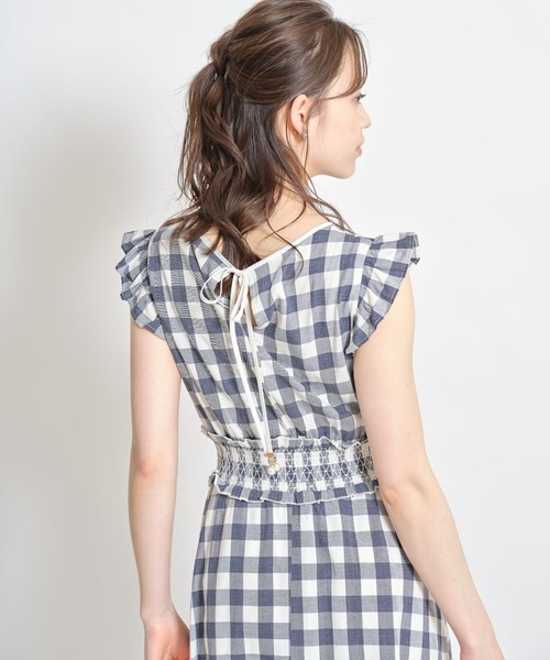 tocco closet（トッコ　クローゼット）の「フリル付きウエストシャーリングパール装飾バックリボンギンガムチェックワンピース（ワンピース・レディース・ダークネイビー/レッド・M）」の21枚目の写真