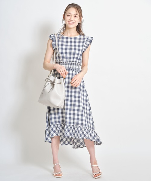 tocco closet（トッコ　クローゼット）の「フリル付きウエストシャーリングパール装飾バックリボンギンガムチェックワンピース（ワンピース・レディース・ダークネイビー/レッド・M）」の18枚目の写真