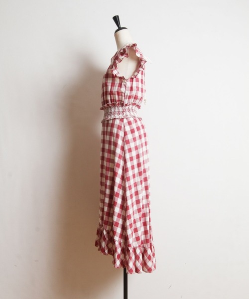 tocco closet（トッコ　クローゼット）の「フリル付きウエストシャーリングパール装飾バックリボンギンガムチェックワンピース（ワンピース・レディース・ダークネイビー/レッド・M）」の4枚目の写真