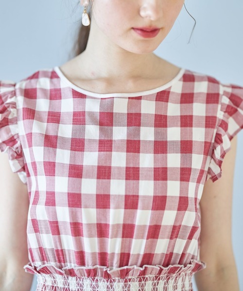 tocco closet（トッコ　クローゼット）の「フリル付きウエストシャーリングパール装飾バックリボンギンガムチェックワンピース（ワンピース・レディース・ダークネイビー/レッド・M）」の3枚目の写真
