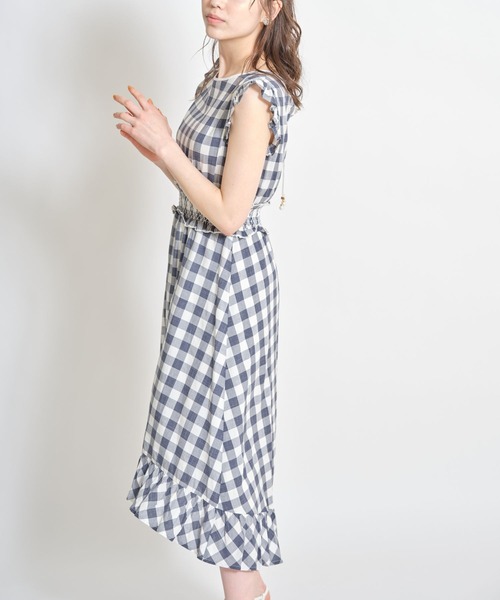 tocco closet（トッコ　クローゼット）の「フリル付きウエストシャーリングパール装飾バックリボンギンガムチェックワンピース（ワンピース・レディース・ダークネイビー/レッド・M）」の12枚目の写真