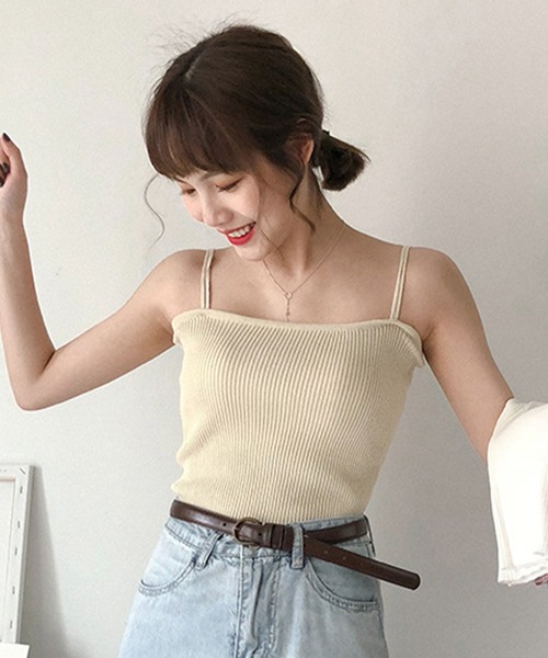 Anuenue(アヌエヌエ)の「ダブル肩紐デザインリブキャミソール(キャミソール・レディース・ブラック/ブラウン/エメラルド/イエロー/ピンク/クリーム/ブルー/ホワイト・FREE)」の4枚目の写真