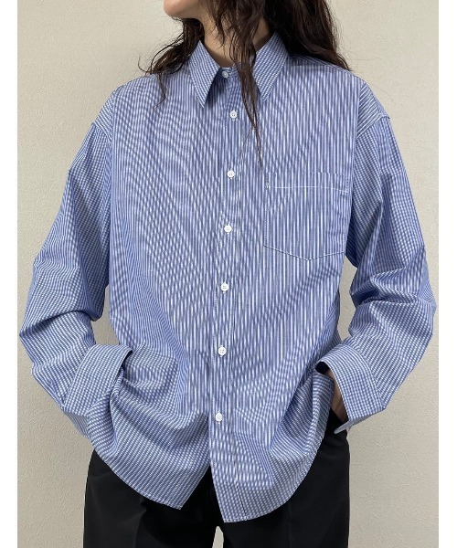 XU(エックスユー)の「【XU/エックスユー】over sized stripe long sleeve shirt/オーバー サイズ ストライプ ロング スリーブ ティー ビッグシルエット ロング シャツ(シャツ/ブラウス・メンズ・ホワイト/ブラック/ブルー・M)」の3枚目の写真