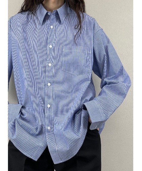 XU(エックスユー)の「【XU/エックスユー】over sized stripe long sleeve shirt/オーバー サイズ ストライプ ロング スリーブ ティー ビッグシルエット ロング シャツ(シャツ/ブラウス・メンズ・ホワイト/ブラック/ブルー・M)」の5枚目の写真