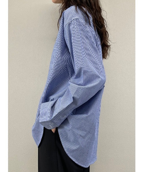 XU(エックスユー)の「【XU/エックスユー】over sized stripe long sleeve shirt/オーバー サイズ ストライプ ロング スリーブ ティー ビッグシルエット ロング シャツ(シャツ/ブラウス・メンズ・ホワイト/ブラック/ブルー・M)」の6枚目の写真