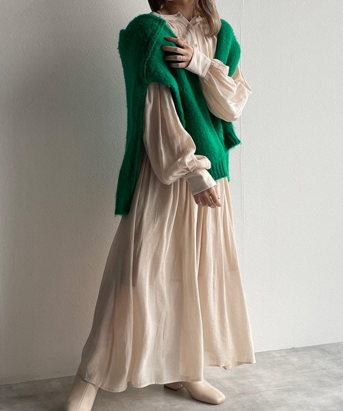 w closet（ダブルクローゼット）の「表面変化メッシュレース切替ギャザーワンピース（ワンピース・レディース・ライム/ブラック/キナリ・FREE）」の2枚目の写真