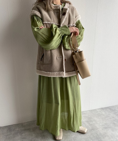 w closet（ダブルクローゼット）の「表面変化メッシュレース切替ギャザーワンピース（ワンピース・レディース・ライム/ブラック/キナリ・FREE）」の21枚目の写真