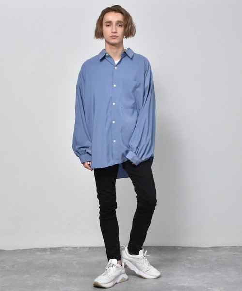 Starting Over（スターティングオーバー）の「ポリ無地 袖ギャザーバルーンロングスリーブ ビッグシャツ/レディース メンズ（シャツ/ブラウス・メンズ・ブラック/サックスブルー/グリーン/ホワイト/グレー/モカ・L/XL/M）」の16枚目の写真