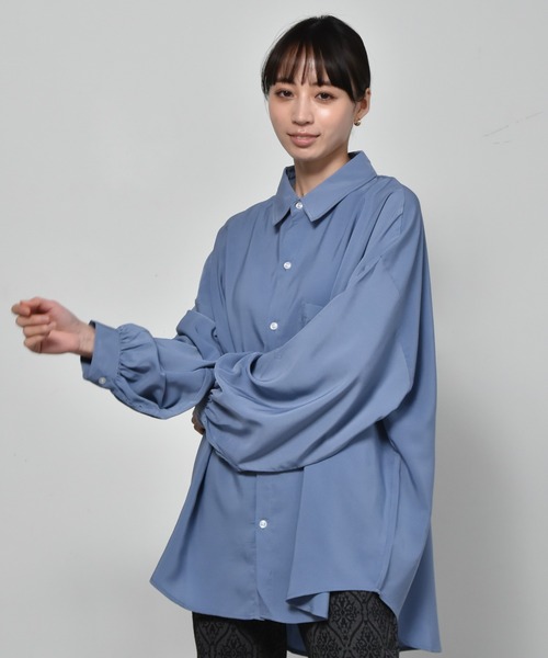 Starting Over（スターティングオーバー）の「ポリ無地 袖ギャザーバルーンロングスリーブ ビッグシャツ/レディース メンズ（シャツ/ブラウス・メンズ・ブラック/サックスブルー/グリーン/ホワイト/グレー/モカ・L/XL/M）」の22枚目の写真