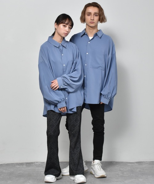 Starting Over（スターティングオーバー）の「ポリ無地 袖ギャザーバルーンロングスリーブ ビッグシャツ/レディース メンズ（シャツ/ブラウス・メンズ・ブラック/サックスブルー/グリーン/ホワイト/グレー/モカ・L/XL/M）」の13枚目の写真