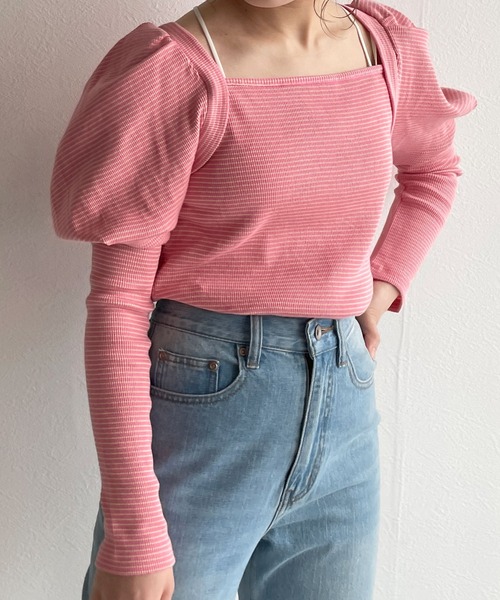 w closet（ダブルクローゼット）の「テレコボーダーボレロライクプルオーバー（Tシャツ/カットソー・レディース・オフホワイト/ピンク/グリーン/イエロー・FREE）」の4枚目の写真