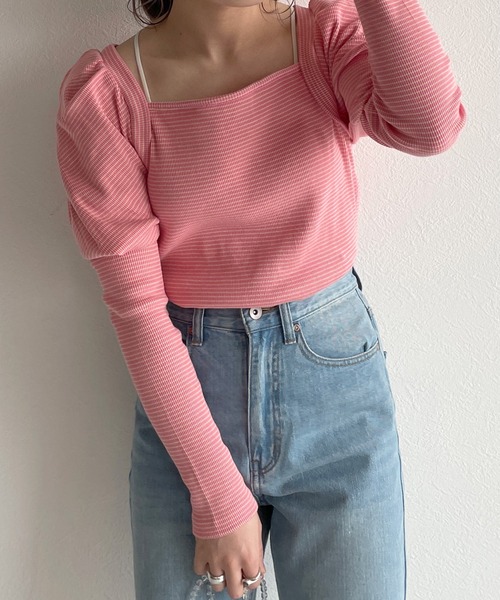 w closet（ダブルクローゼット）の「テレコボーダーボレロライクプルオーバー（Tシャツ/カットソー・レディース・オフホワイト/ピンク/グリーン/イエロー・FREE）」の8枚目の写真