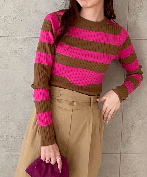 fredy emue（フレディエミュ）の「変形ボーダーリブニット（ニット/セーター・レディース・ブルー系その他/ホワイト系その他/グリーン系その他/ピンク系その他・38）」の4枚目の写真