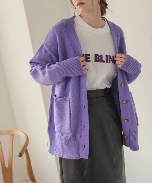 ANGIE（アンジー）の「配色リンキングVネックニットカーディガン（カーディガン/ボレロ・レディース・ピンク/ライム/オレンジ/アイボリー/ライトパープル・FREE）」の5枚目の写真