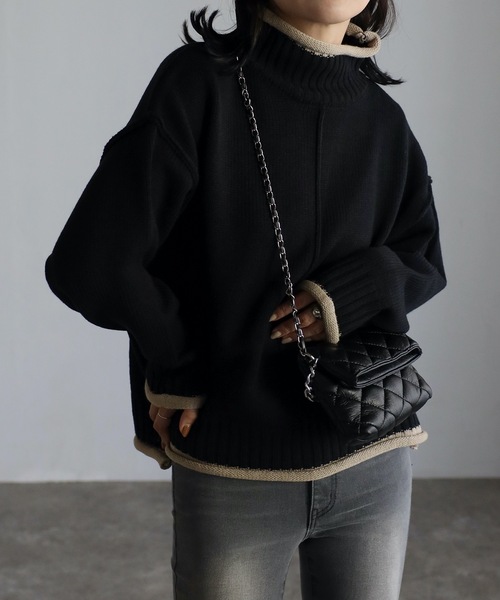 ap retro（アプレトロ）の「配色タートルニットプルオーバー（ニット/セーター・レディース・アイボリー/ブラック・FREE）」の2枚目の写真