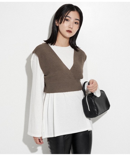 ANAP(アナップ)の「バックロゴロンT×ニットベストセット(Tシャツ/カットソー・レディース・ブラック/ライトベージュ/ブラウン・FREE)」の1枚目の写真