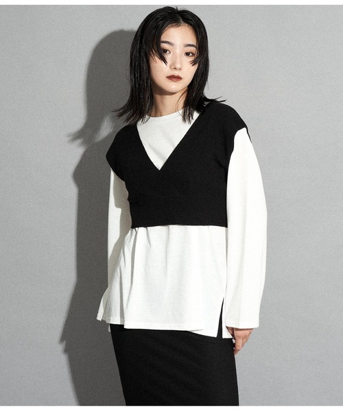 ANAP(アナップ)の「バックロゴロンT×ニットベストセット(Tシャツ/カットソー・レディース・ブラック/ライトベージュ/ブラウン・FREE)」の2枚目の写真