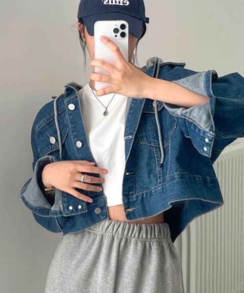 BEIDELLI（ベイデリー）の「[BELLIDE MADE] オーバーフィットクロップデニムジャケット（デニムジャケット・レディース・チャコールグレー/ブルー・FREE）」の2枚目の写真