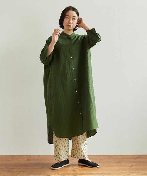 【yuni】空紡コットンナイロン　Ｔワンピース　グリーン　薄手 yuni（ユニ ）の「空紡コットンナイロン Tワンピース