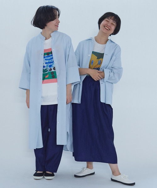 【yuni】空紡コットンナイロン　Ｔワンピース　グリーン　薄手 yuni（ユニ ）の「空紡コットンナイロン バンドカラー