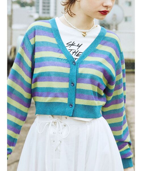 jouetie（ジュエティ）の「ボーダーシアーニットカーデ（カーディガン/ボレロ・レディース・ブラック/ボルドー/ブルー・MEDIUM）」の3枚目の写真