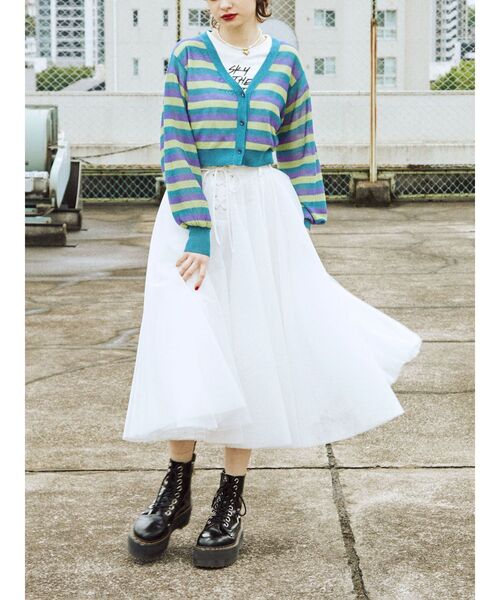 jouetie（ジュエティ）の「ボーダーシアーニットカーデ（カーディガン/ボレロ・レディース・ブラック/ボルドー/ブルー・MEDIUM）」の5枚目の写真