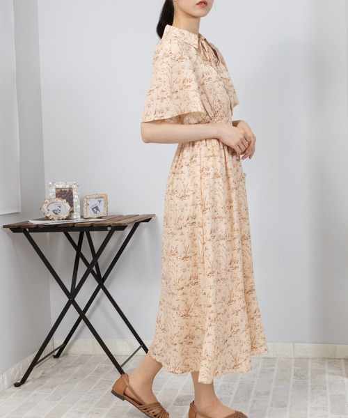 新品タグ付き◼︎Aga花柄ワンピース【38】ベージュ ポワン袖 ロング