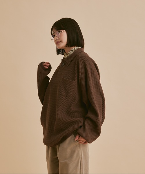 INTER FACTORY（インターファクトリー）の「taro - Double Coller Waffle Polo / ダブルカラーワッフルポロ　made in INTER FACTORY（ポロシャツ・メンズ・ブラウン/アイボリー・LARGE/MEDIUM）」の4枚目の写真