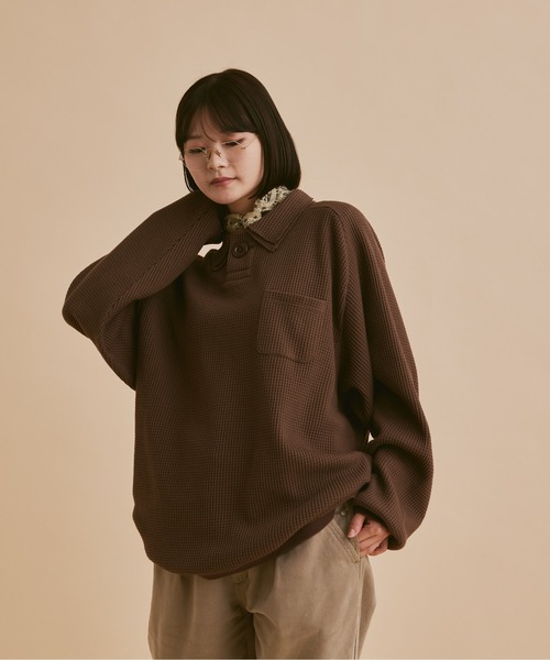 INTER FACTORY（インターファクトリー）の「taro - Double Coller Waffle Polo / ダブルカラーワッフルポロ　made in INTER FACTORY（ポロシャツ・メンズ・ブラウン/アイボリー・LARGE/MEDIUM）」の5枚目の写真