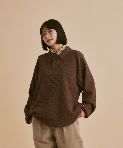 INTER FACTORY（インターファクトリー）の「taro - Double Coller Waffle Polo / ダブルカラーワッフルポロ　made in INTER FACTORY（ポロシャツ・メンズ・ブラウン/アイボリー・LARGE/MEDIUM）」の6枚目の写真
