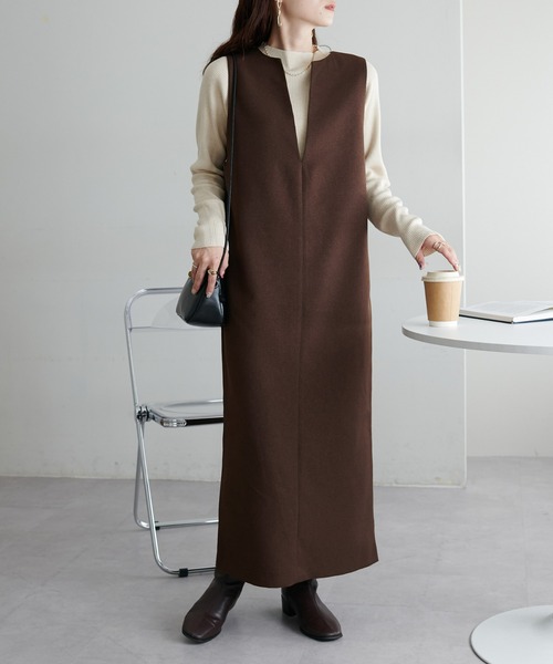 DISCOAT（ディスコート）の「【オン・オフ使える】ウールライク深Vジャンスカ（ジャンパースカート・レディース・ブラック/ブラウン・FREE）」の3枚目の写真