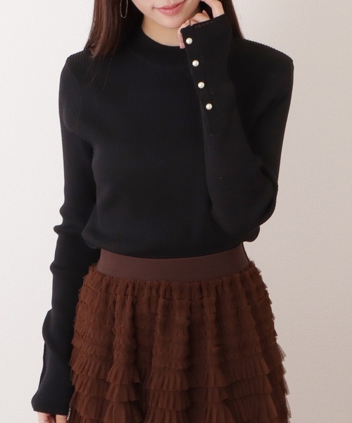 Lace Ladies(レースレディース)の「袖パールプチハイネックリブニットプルオーバー(ニット/セーター・レディース・グリーン/ベージュ/ブラック/ピンク/ネイビー・FREE/S)」の2枚目の写真