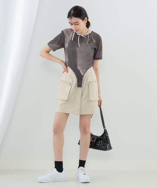 RAY BEAMS◆プリント ボディスーツ Tシャツ/半袖カットソー/XS/GRY/総柄/61-04-0471-101 Ray BEAMS（レイ ビームス）プリント ボディスーツ Tシャツ（T
